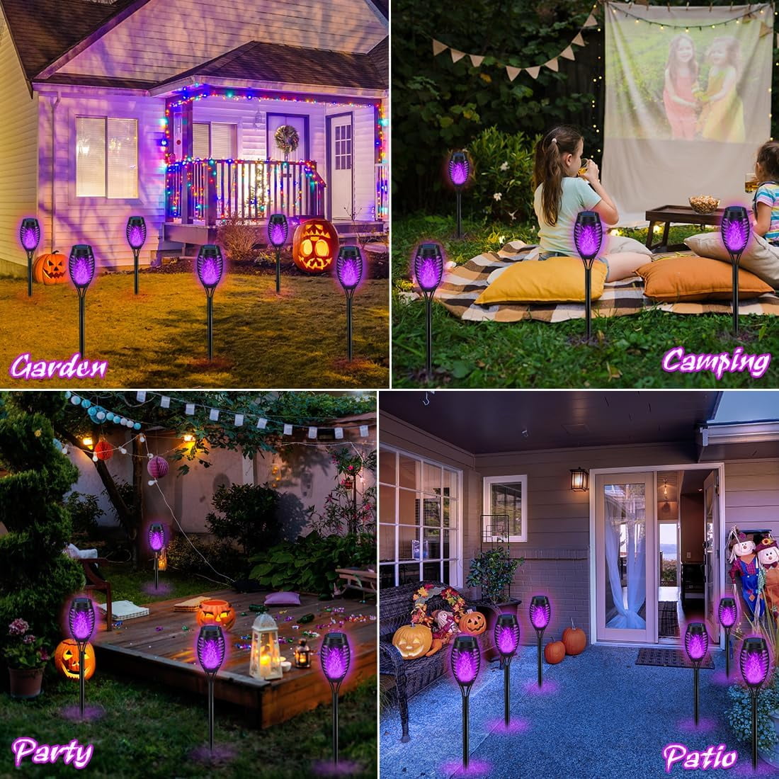 Halloween Decorations Outdoor, Purple Halloween Solar Lights with Flickering Flame, Solar Torch Lights for Yard Decorations, Waterproof Outdoor Lighting for Garden Pathway Patio Outside Decor