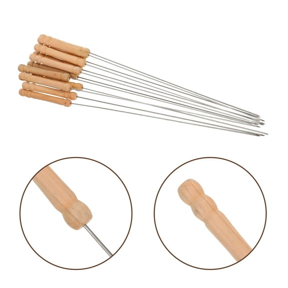 12pcs Barbecue Skewers with Wooden Handle Stainless Steel Sticks Grillings Skewers Outdoor Camping Cooking Tools