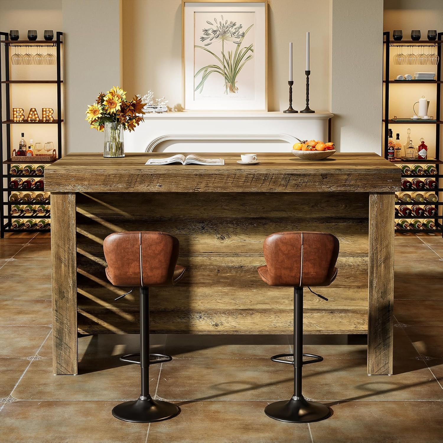 Finmind 55" Kitchen Island with Seating and Storage, 3-Tier Farmhouse Wood Coffee Bar Table for Kitchen, Dark Brown