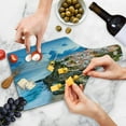 thumbnail image 4 of Mediterranean Cutting Board, Portuguese Town Coast Azenhas Do Mar Beach by Cliffs Village Shore Theme, Decorative Tempered Glass Cutting and Serving Board, Wine Bottle Shape, Multicolor, by Ambesonne, 4 of 5