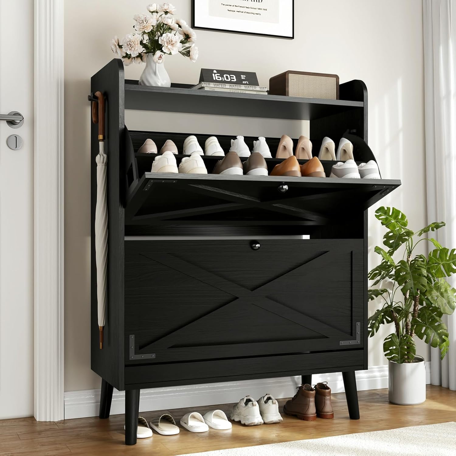 Shoe Storage Cabinet with 2 Flip Drawers & Adjustable Shelves, Freestanding Shoe Cabinet with Side Hooks Narrow Shoe Rack Cabinet for Entryway,Black
