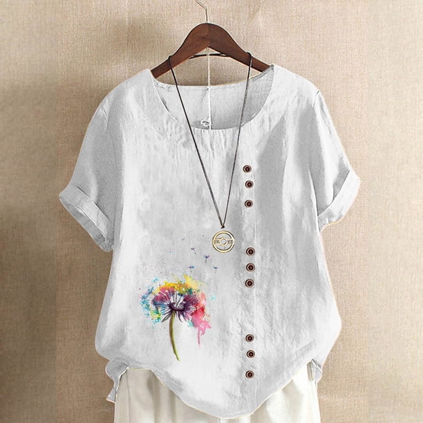 Fiudx Ofertas Flash Del Día Top de Manga Corta con Cuello Redondo y Botones Regulares con Estampado Sexy de Verano para Mujer