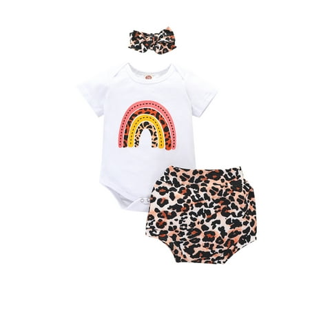 

Kiapeise Baby Girls Rainbow Print Short Sleeve Romper + Shorts + Headband