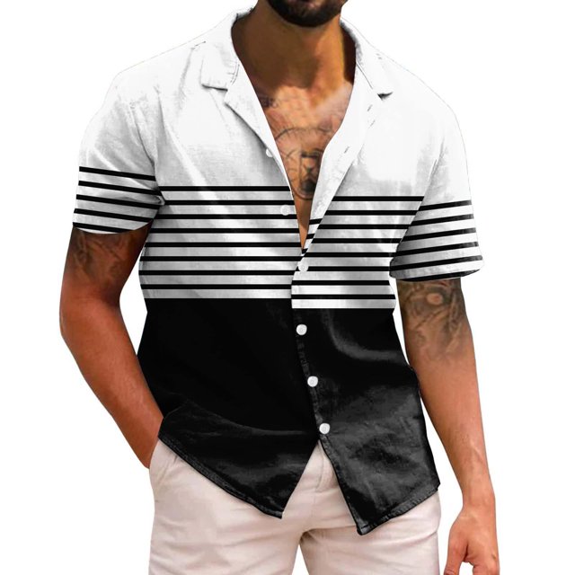 Camisas Para Hombre Manga Larga Hombres Casual Manga corta Primavera Verano Turndown Neck 3D Impreso Camisas Moda Top Blusa Camisas (Black, S)