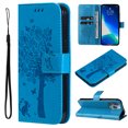 thumbnail image 1 of Wallet Case for iPhone 14 Pro 6.1" 2022, Allytech Embossed Tree&Cat PU Leather and TPU Bumper Anti-Shock Drop Proof Hand Strap Case for iPhone 14 Pro 5G, Blue, 1 of 7