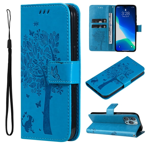 Wallet Case for iPhone 14 Pro 6.1" 2022, Allytech Embossed Tree&Cat PU Leather and TPU Bumper Anti-Shock Drop Proof Hand Strap Case for iPhone 14 Pro 5G, Blue