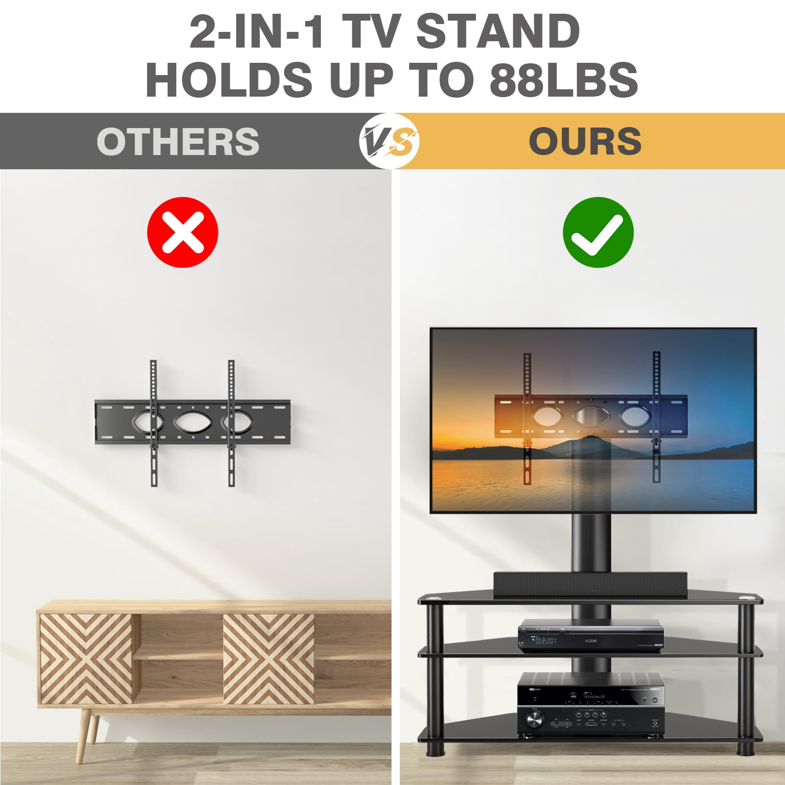 RTVR Modern 3 in 1 TV Table Stand for up to 75 inch Flat Panel, TV Mount Stand with Shelves Entertainment Center