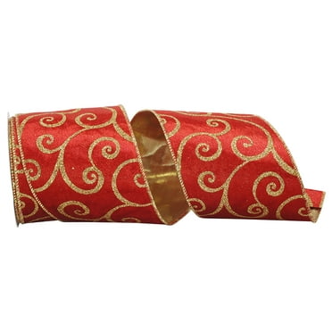 Reliant Ribbon - 92728W-994-10F, Velvet Glitter Scroll Wired Edge Ribbon, Red/gold, 4 Inch, 10 Yards