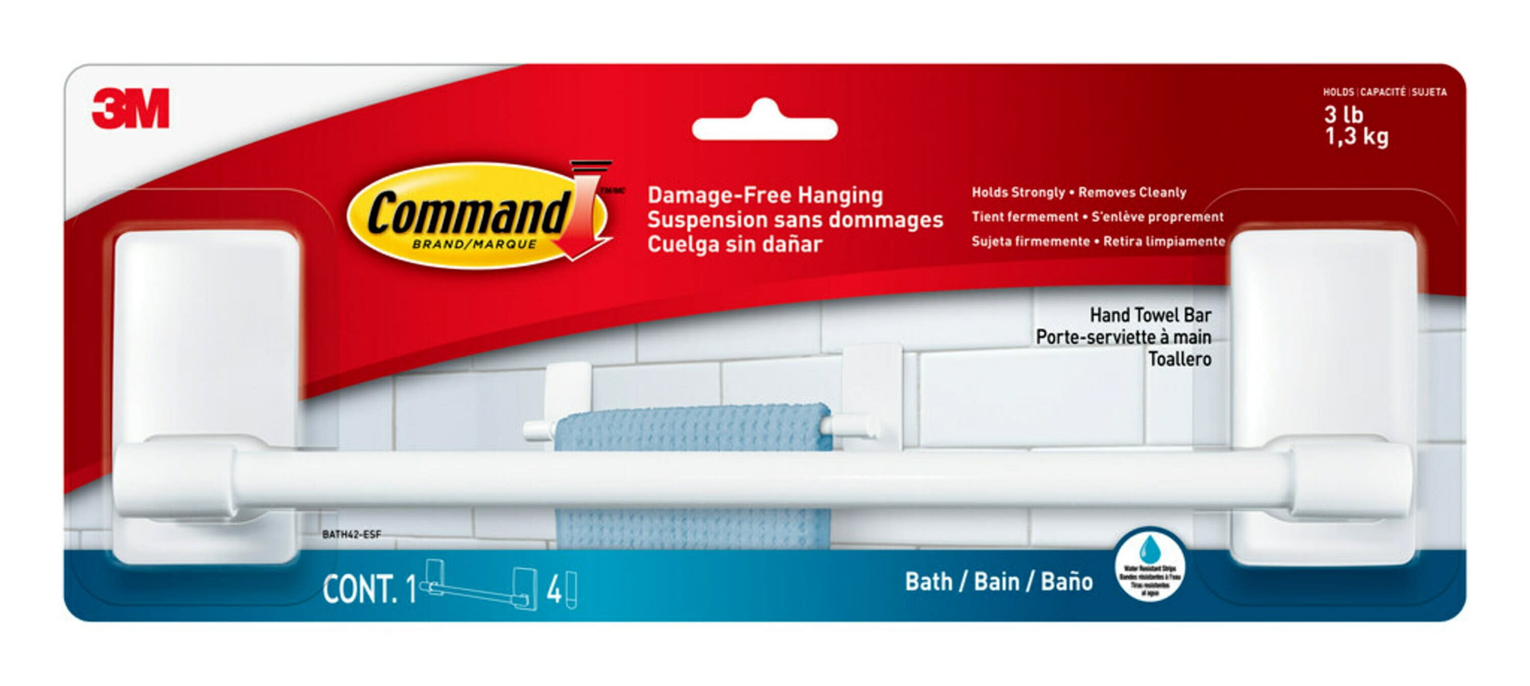 Command Bath Plastic Hand Towel Bar, White, 1 Hand Towel Rack, 4 Strips