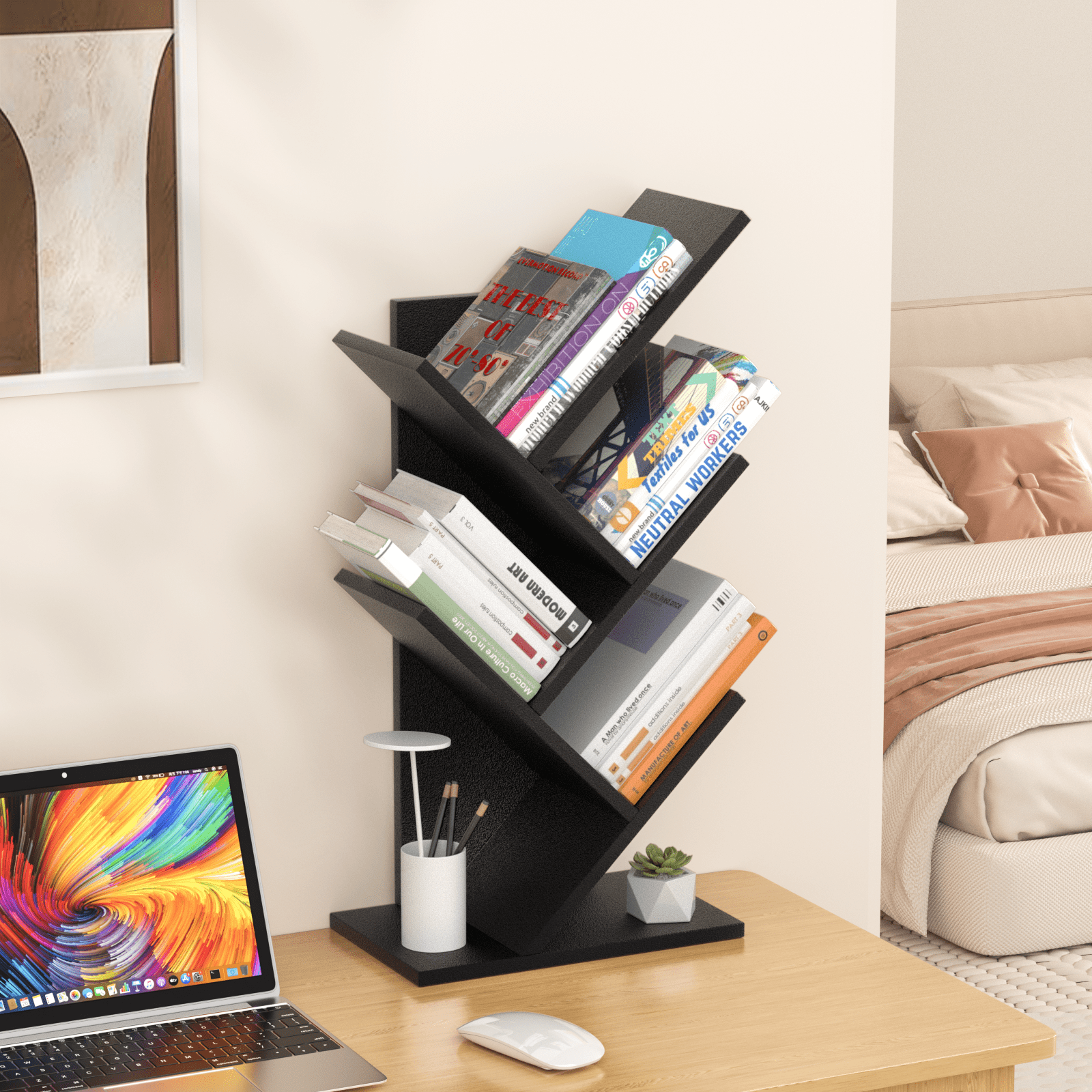 Modern Tree Bookshelf, 5-Tier LELELINKY Bookcase, Vertical Storage Shelf for Books & Décor, Space-Saving Design, Black