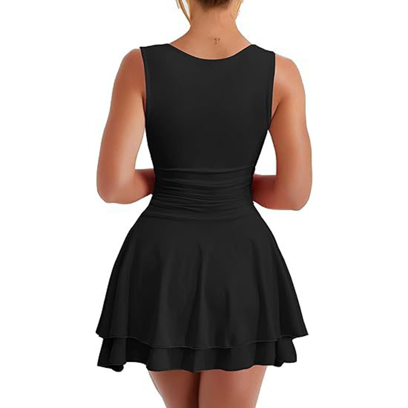 Wuxian Women Tennis Dress Sleeveless Wide Strap Popular Square Neck High Waist Ruched A-Line Ruffle Tiered Flowy Athletic Sport Workout Yoga Mini Dresses,Black,S