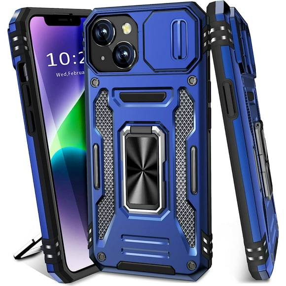 for iPhone 13 Case iPhone 14 Case with Slide Camera Cover iPhone 14 Phone Case with Magnetic Kickstand Ring, Military Grade Shockproof Protective Case for iPhone 14 & iPhone 13 (Blue)