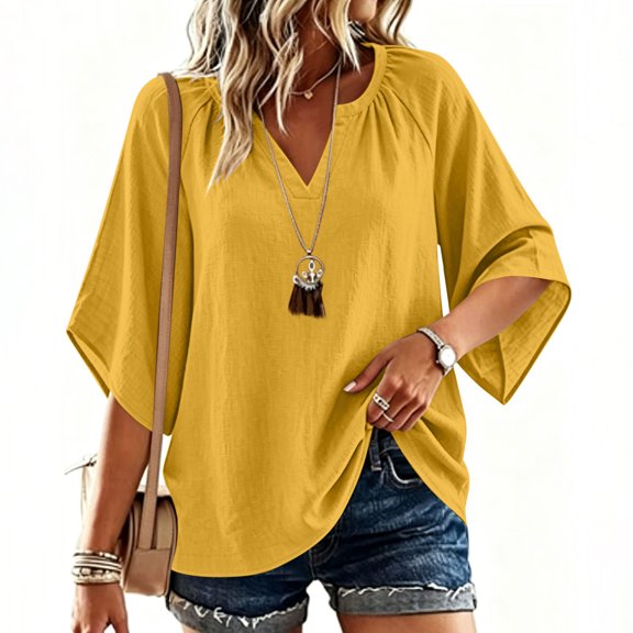 hoksml Women Raglan Gathered Notch V Neck Dolman Half Sleeve Blouse Cotton Linen Crinkle Loose Curved Hem Casual Top for Daily Vacation