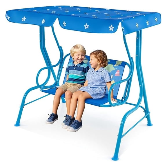 Kids Porch , All-Weather Patio Hammock w/Adjustable Canopy & Safety Belts for 2 Children, Outdoor for Backyard Garden Balcony Poolside (Blue, Dinosaur)