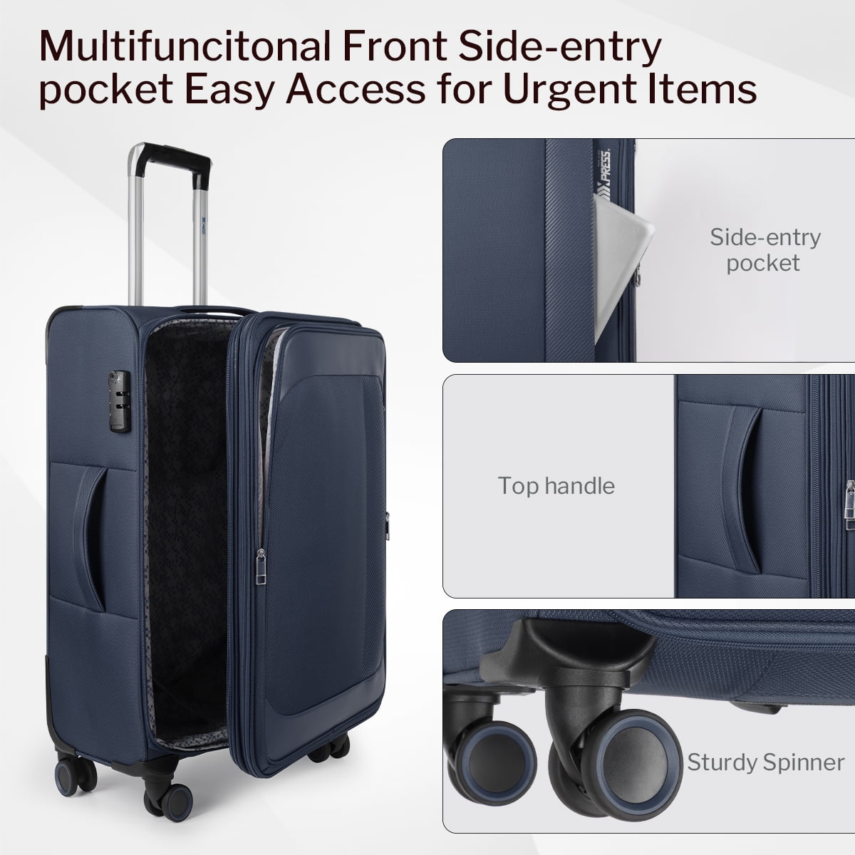 3-Piece Softside Luggage Set Expandable Suitcase with TSA Lock and Front Opening, 20"/26"/30", Navy Blue - 8809