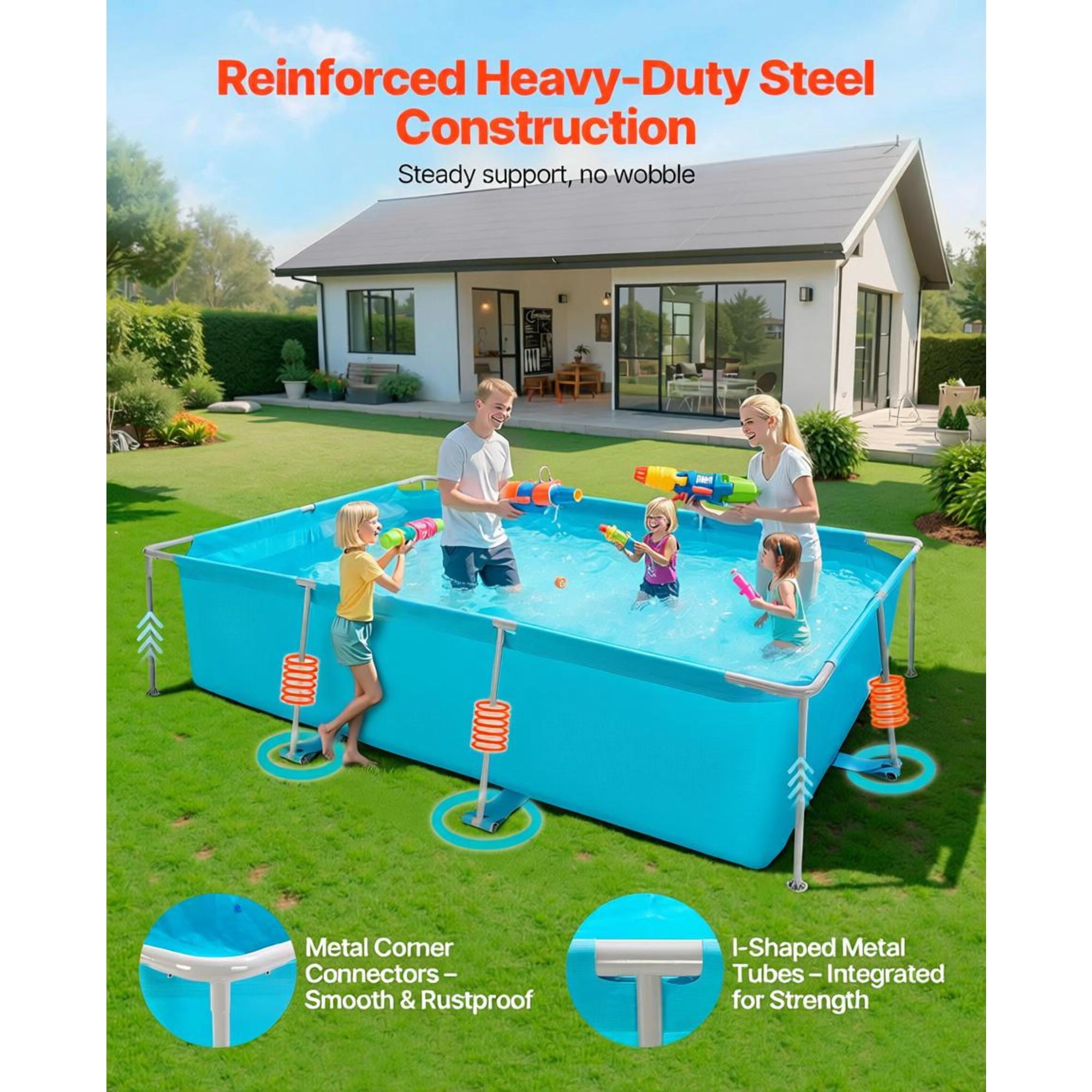 Rectangular Metal Frame Above Ground Swimming Pool, 1046 Gal 118 x 78 x 30 Inch Outdoor Backyard Family Pool, Rust Resistant Steel Frame, Blue
