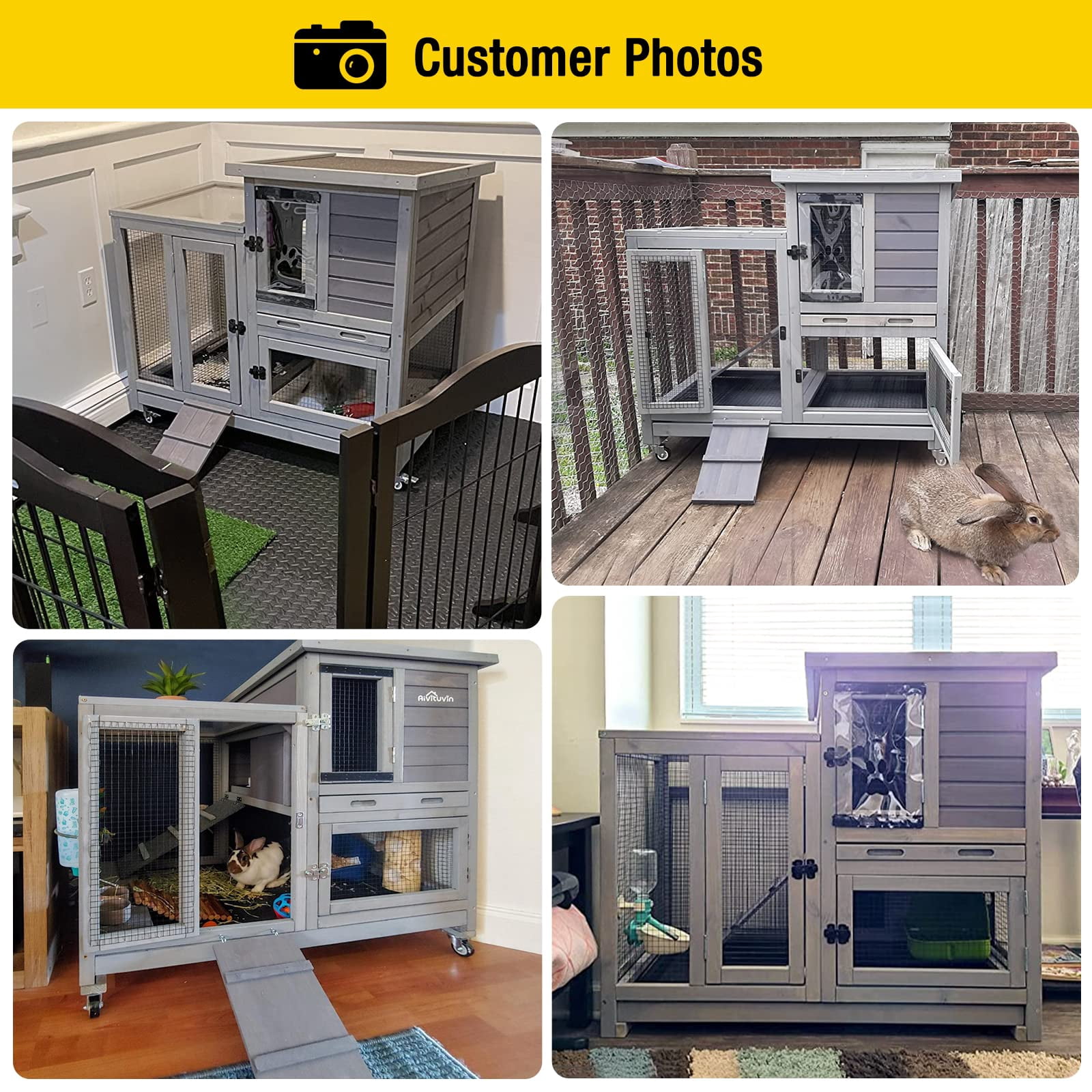 Large Rabbit Hutch Wooden Bunny Cage with Wheels, Two Pull Out Trays, Indoor Outdoor Pet House for Rabbits Guinea Pigs Hamsters, Grey