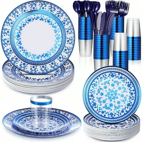 25 Sets Plastic Disposable Dinnerware Set Blue And White Floral Tableware Set Include Elegant Flower Paper Plates Cups Fork Spoons Knives For Wedding Bridal Shower Birthday Party Supplies