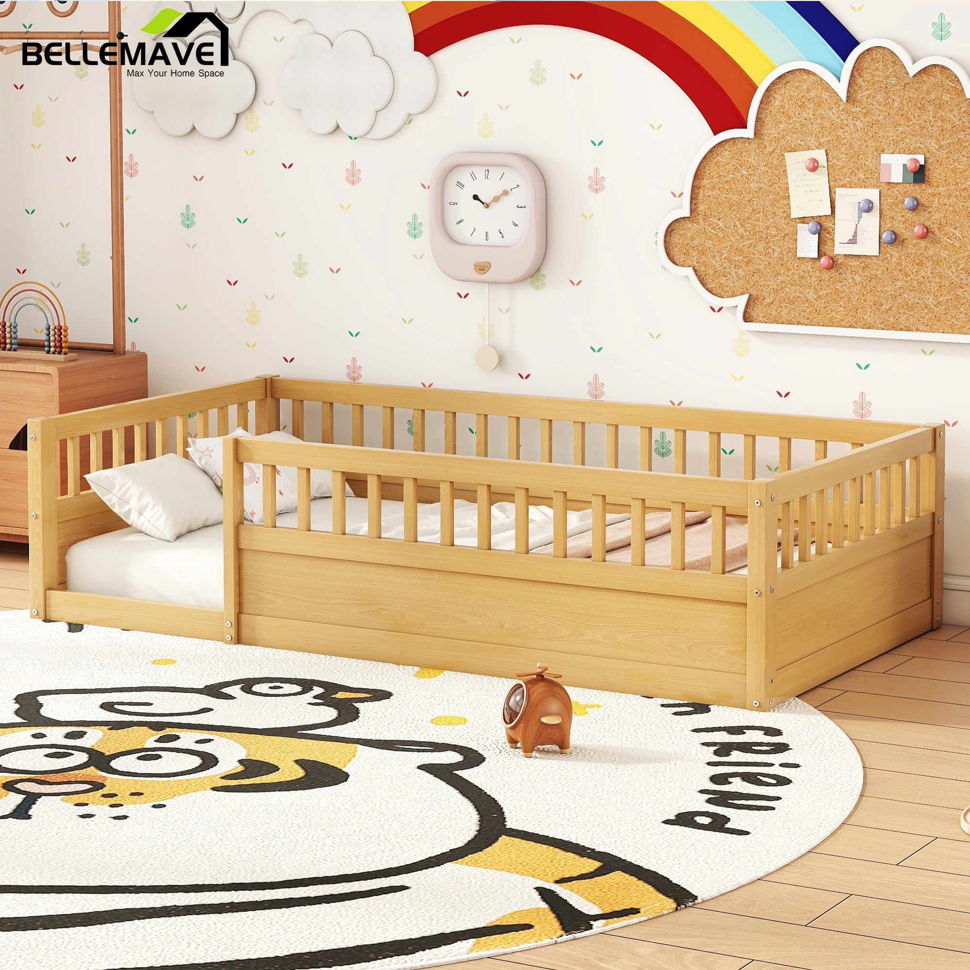 Bellemave Twin Size Floor Bed with High Fence Guardrails  Floor Bed without Door and Slats Twin Wooden Floor Bed Montessori Bed Frame (Twin, Natural, Without Door)