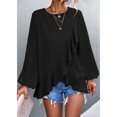 thumbnail image 4 of Top con dobladillo con volantes para mujer, cuello redondo, suave, agradable para la piel, moda, manga larga, para viajes de trabajo, negro L, 4 of 8