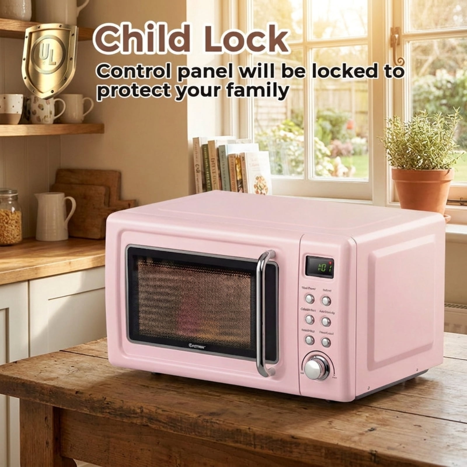 RUIE 700W Retro Countertop Microwave Oven 0.7 Cu.Ft with 5 Power Levels & 8 Auto Menus, Small Retro Microwave Oven with Child Lock for Home Dorm Apartment, Pink