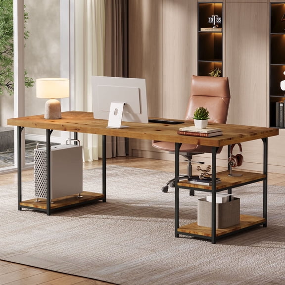 Finmind Extra Long Desk with Shelves, 71-inch Industrial Solid Wood Desk, Large Computer Table for Office, Living Room, Light Brown & Black