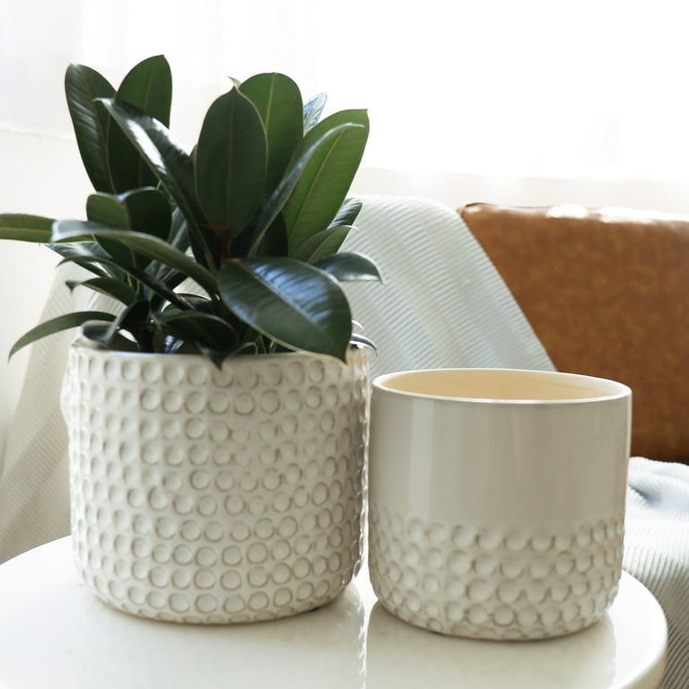 White and Gold Ceramic Fluted Planter Pot with Drainage Hole