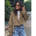 thumbnail image 6 of Females Cropped Bike Jacket Casual Double Breasted Trench Coat with Belt Dark Brown L, 6 of 9