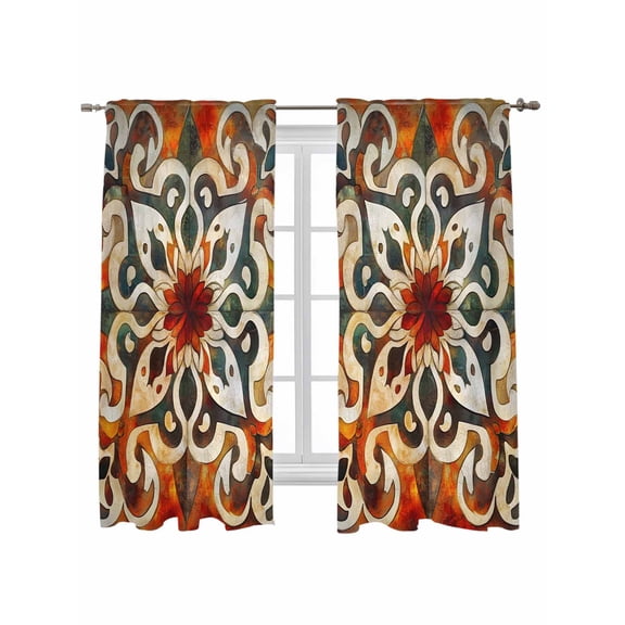Burnt Orange Green Curtains 72 Inch Length, Sheer Curtains for Bedroom Living Room Window Vintage Abstract Flowers Rod Pocket Voile Drapes Kitchen Curtains Small Half Window 52"x72" 2 Panels
