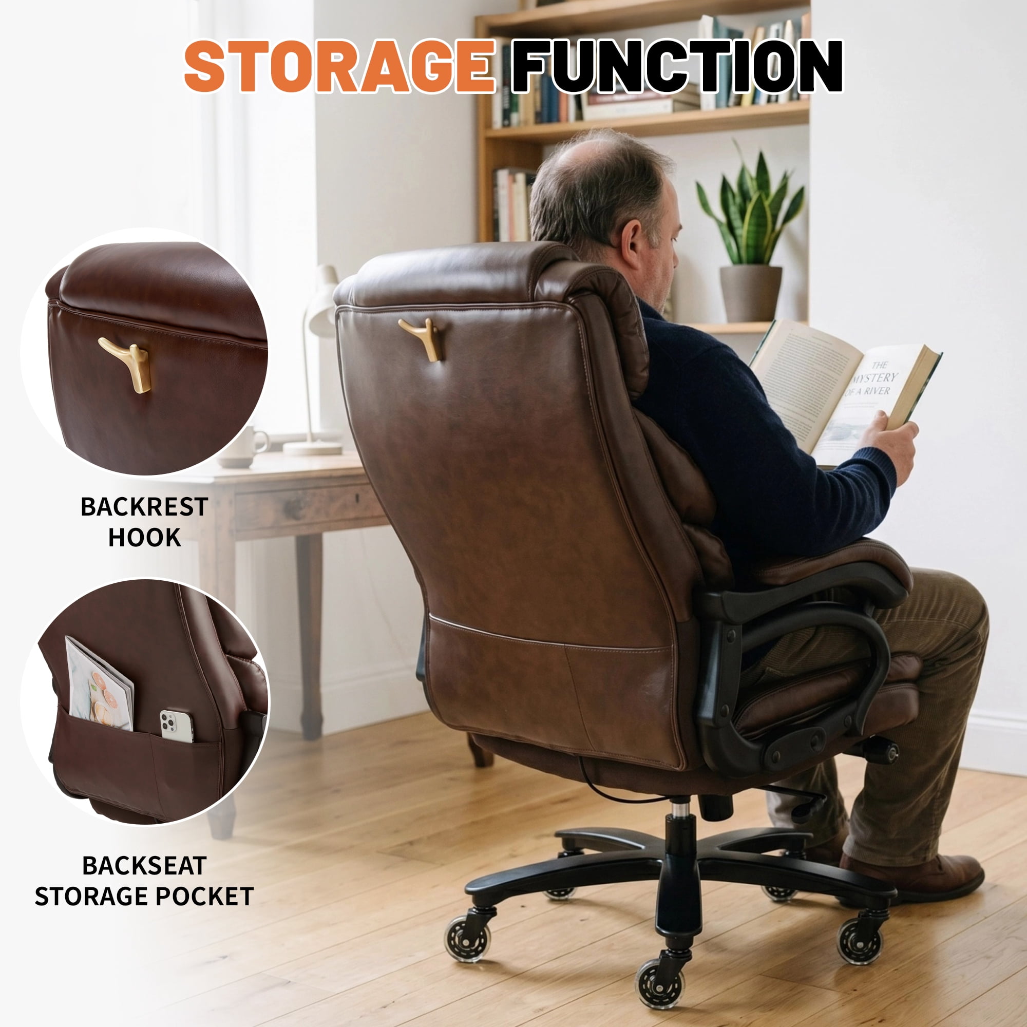 Qusaphy 800LBS Big and Tall Executive Office Chair, PU Leather Ergonomic Desk Chair with Adjustable Backrest and Thick Padded Cushion, Heavy Duty Chair for Home or Office Brown