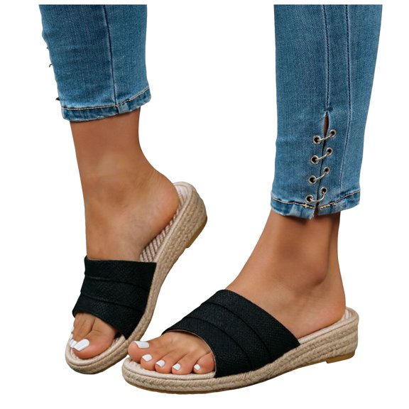 Rokment Womens Linen Straw Patchwork Backless Sandals Boho Beach Comfortable Espadrilles Wedge Walking Slip on Stylish Casual Platform Mid Heels Dress Slides Mules Black Size 6