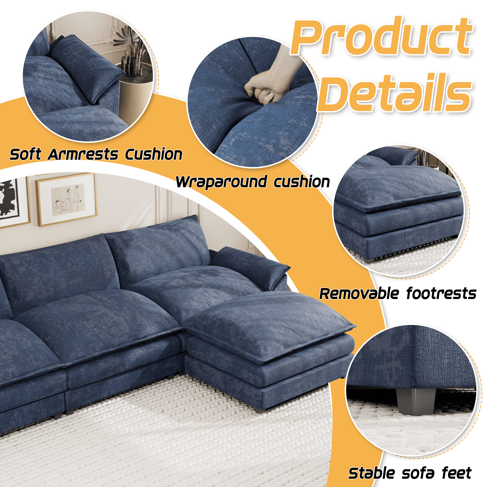 Homall Sectional Sofa 3-seat L-shaped Sofa with reversible toffee chair Movable Footrest Sofa,Blue