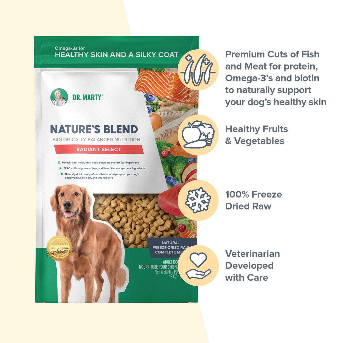 Dr. Marty Nature's Blend Radiant Select, Freeze-Dried Raw Dog Food, Omega-3s & Biotin for Healthy Skin & Coat 80 oz Value Size