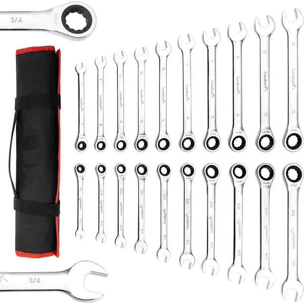 Juego de Llaves de 20 Pzas, Juego de Llaves Combinadas de Trinquete de 6-19 Mm, 72 Dientes, Juego Completo de Llaves de Trinquete de 1/4-3/4" para Proyectos de Camión, Garaje, Auto y Bicicleta