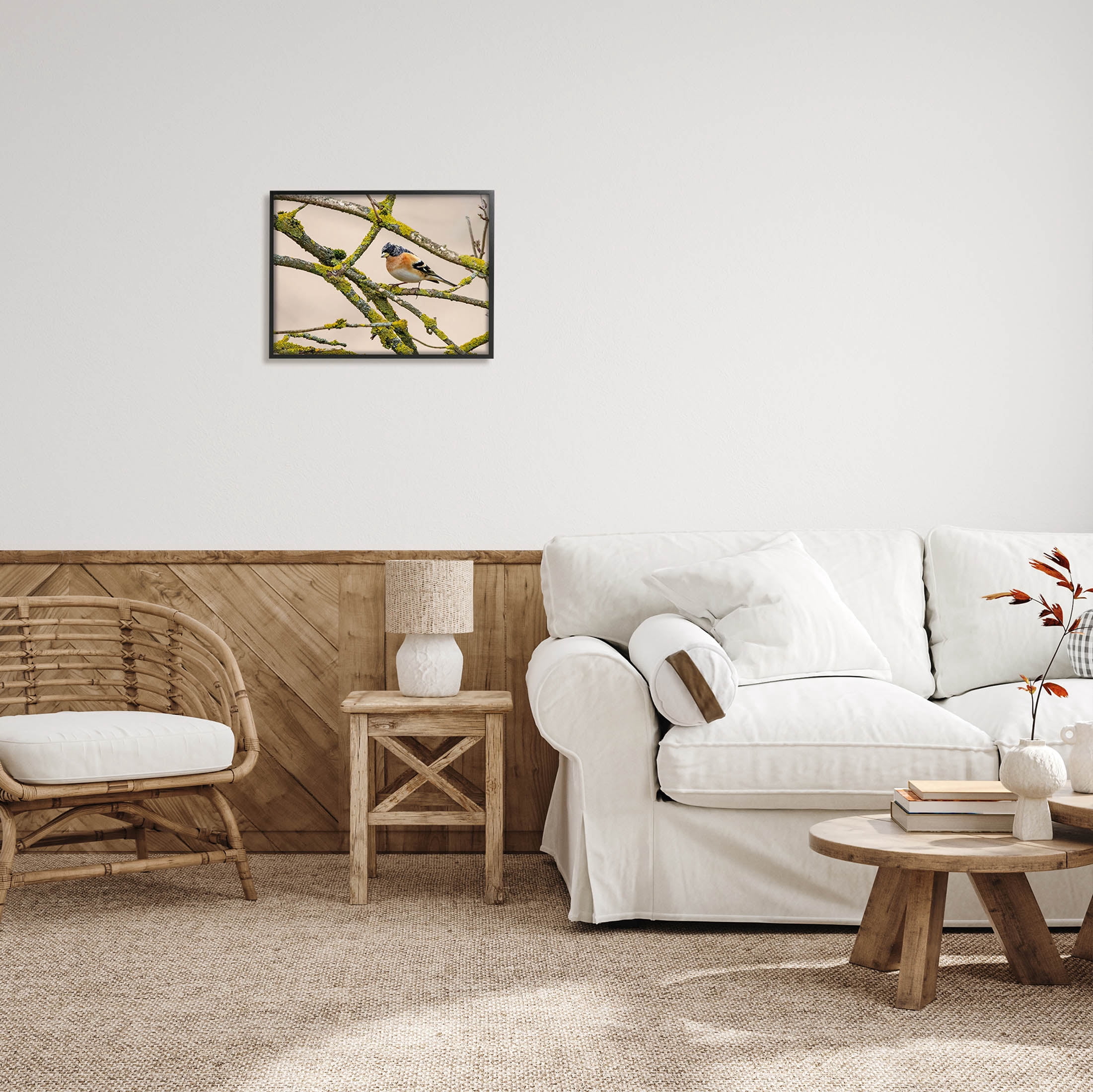 Stupell Industries Orange Bird Mossy Tree Branch Photograph Black Framed Art Print Wall Art, Design by Lil' Rue