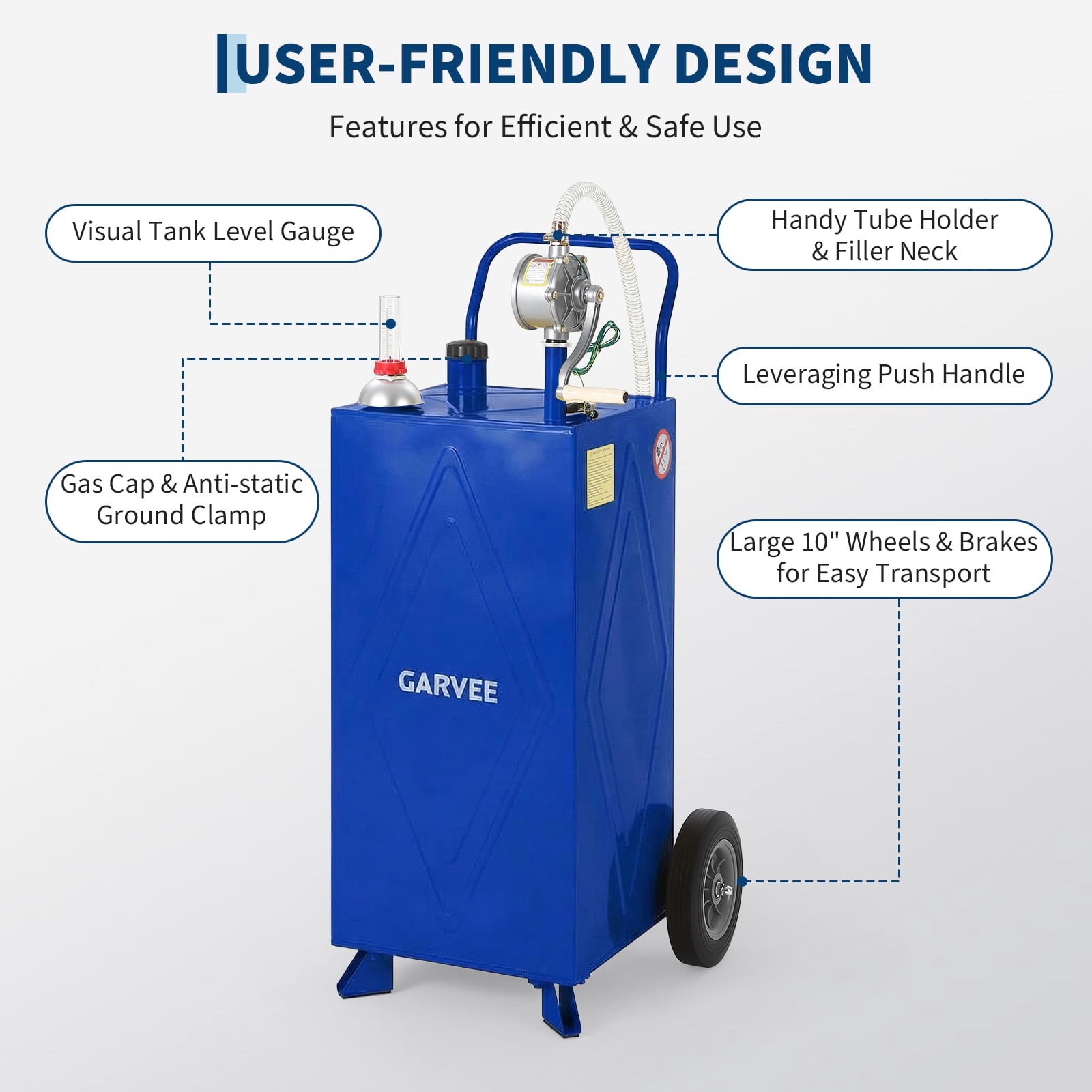 Garvee 35 Gallon Fuel Gas Caddy Storage Tank,Portable Fuel Transfer Tank with Smooth-Rolling Wheels, Manual Hand Crank Transfer Pump,Blue