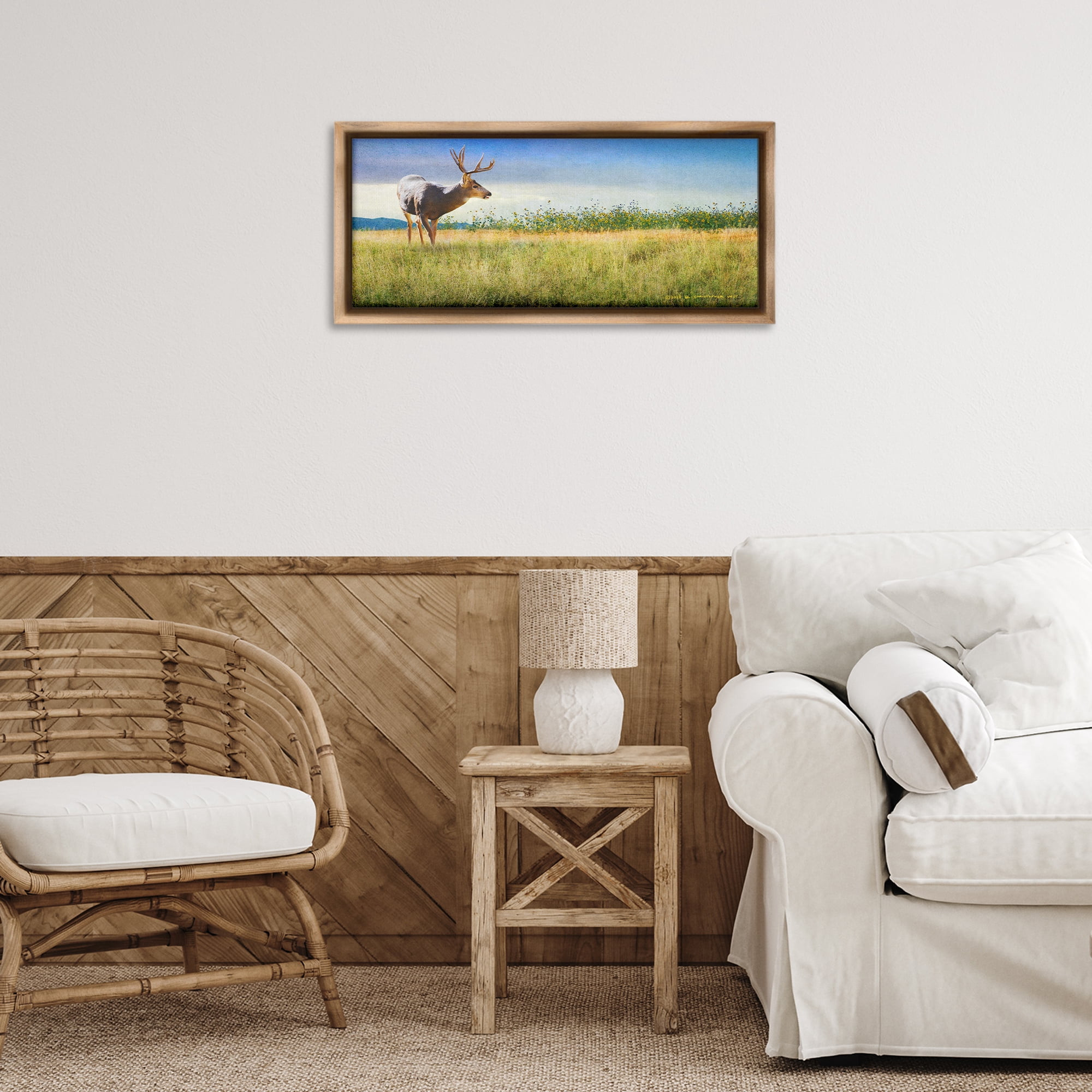 Stupell Industries Buck Deer in Field Landscape & Nature Photography Brown Floater Framed Canvas Art Print Wall Art, 25 x 11