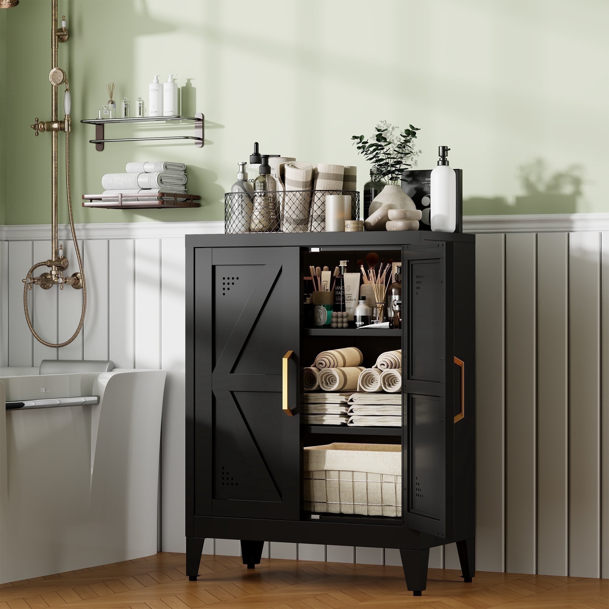 JHYKFG 32"Metal Pantry Storage Cabinet,Freestanding Sideboard with 2 Adjustable Shelves for Small Spaces, Living Room, Hallway, Dining Room,Black