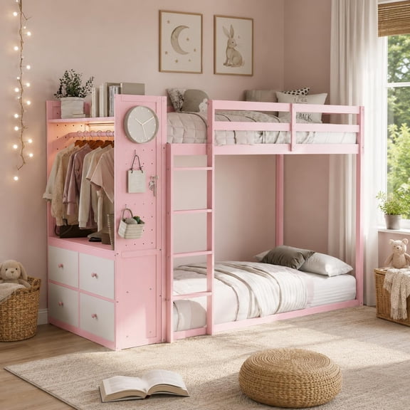 Twin Size Bunk Bed with 4 Storage Drawers, Hanging Wardrobe Rail & Light Strip, Space-Saving Bed with Dual Pegboards for Teens, Pink