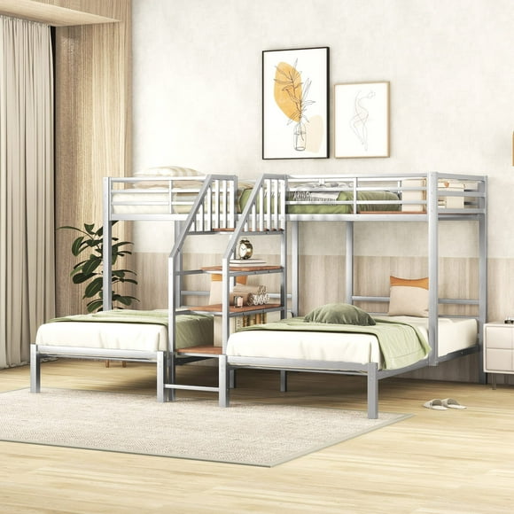 LZ LEISURE ZONE Metal Twin Over Twin & Twin Bunk Bed, Twin Triple Bunk Bed with Storage, Shelves and Staircase, Bunk Bed Twin Size, No Box Spring Needed, Silver