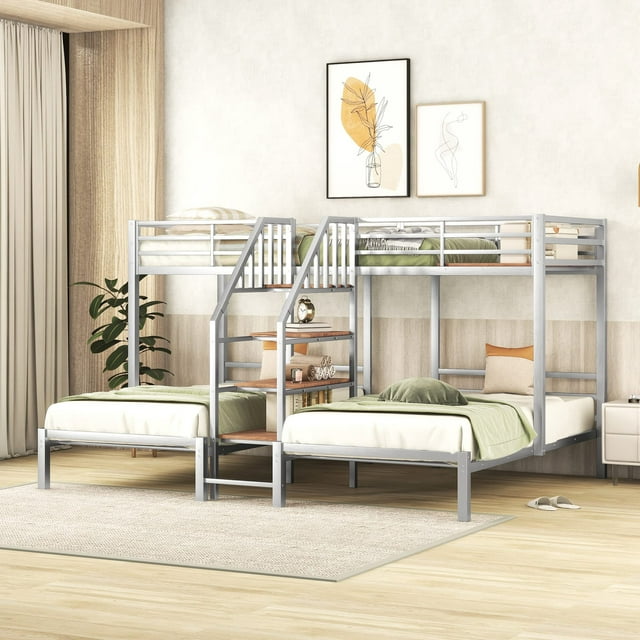 LZ LEISURE ZONE Metal Twin Over Twin & Twin Bunk Bed, Twin Triple Bunk Bed with Storage, Shelves and Staircase, Bunk Bed Twin Size, No Box Spring Needed, Silver