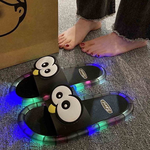 Samdudou Womens Slide Sandals Open Toe Slip On Flat Slippers Fun LED Light Up Sole Cute Cartoon Penguin Design Novelty Indoor Outdoor House Shoes Casual Footwear