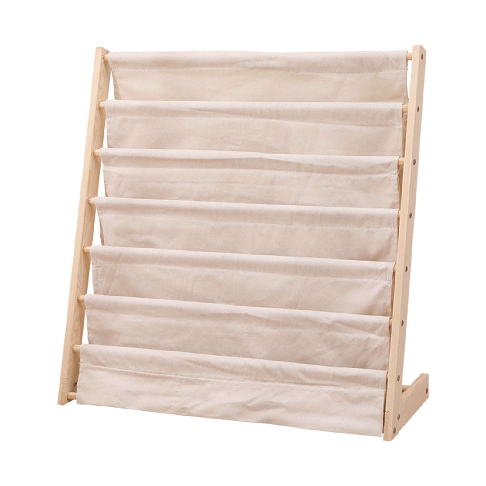 7 Tiers Wooden Kids Book Rack Storage Bookshelf Kids Canvas Sling Bookshelf Natural Beige for Kids Bedroom Playroom 29.5x11.8x31.5inch
