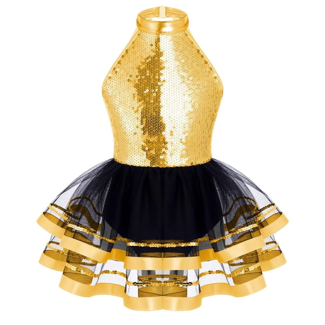 Oyolan Robe Justaucorps de Danse Ballet Métallique à Paillettes pour Filles avec Jupes en Tulle Robes de Performance Or 4