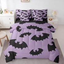 jejeloiu Spooky Bats Bedding Comforter Set 7 Pieces,Happy Halloween Day Full Bedding Set,Black Purple Fitted Sheet Flat Sheet For Boys Kids,Luxury Bedroom Decor Reversible