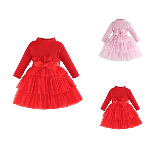 Elegant Girls Long Sleeve High Neck Solid Color Tiered Dress for Autumn/Winter Party Occasion – Toddler Baby Girl Mesh Tulle Fall Spring Dress