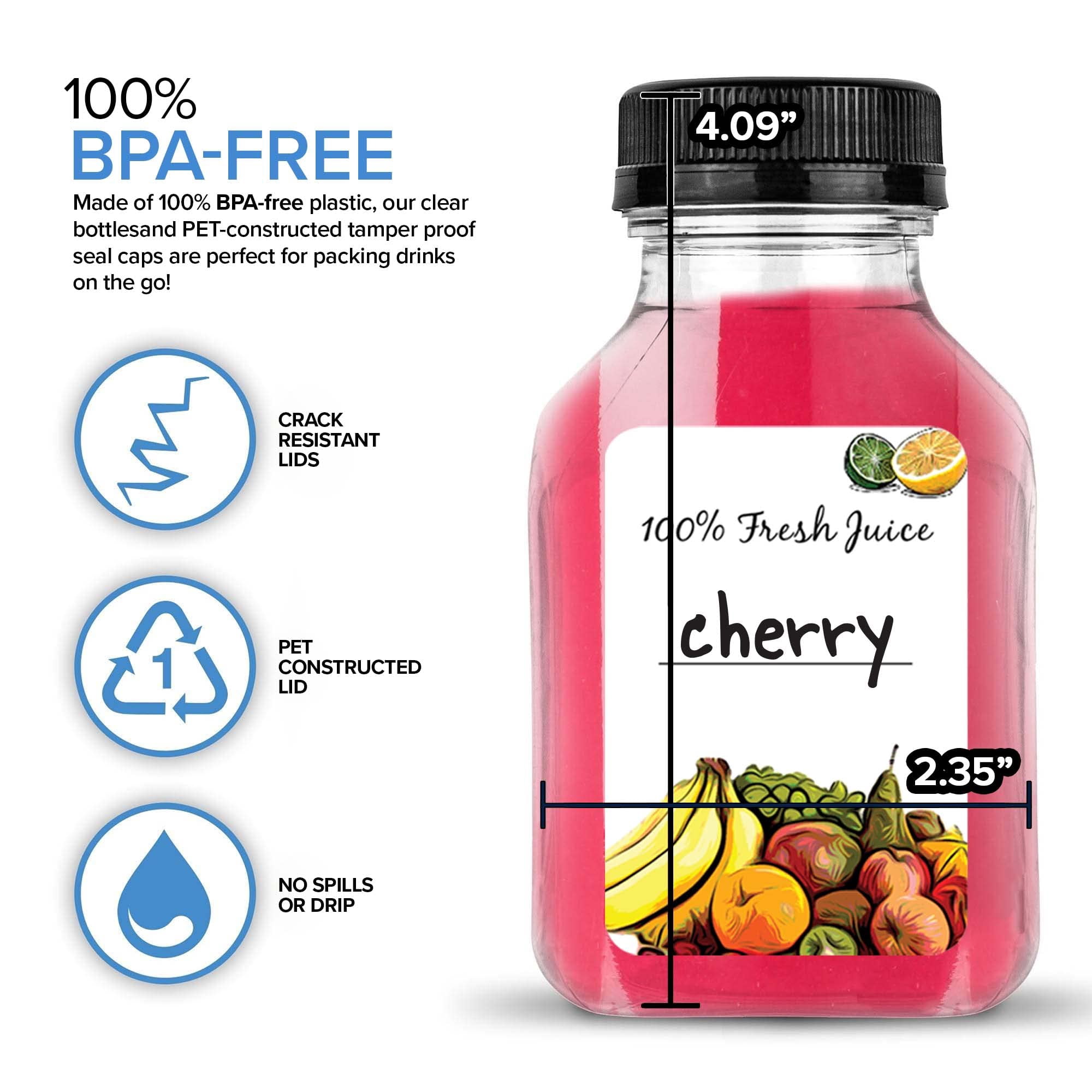 8 oz Juice Bottles with Caps - Reusable Clear Plastic Drink Containers (12 pack) - Mini Water Bottles with Labels, Brush & Funnel