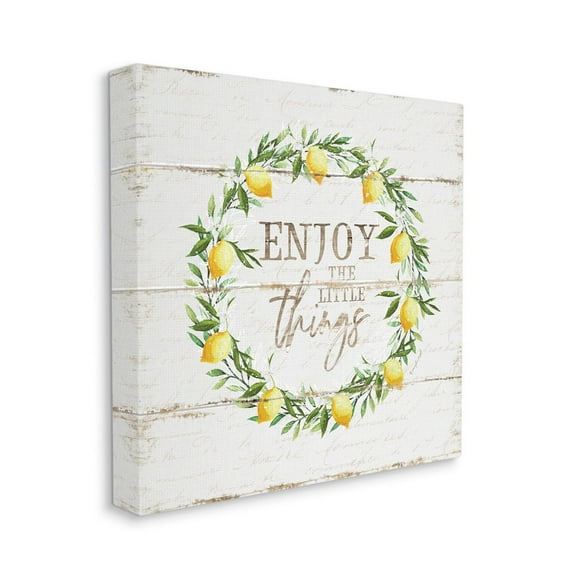 Distressed Enjoy the Little Things Phrase Lemon Wreath Food & Beverage Gallery-Wrapped Canvas Print Wall Art, 17x17