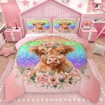 Homewish Rustic Cow Animal Full Size Comforter Sets for Teen, Pink Romantic Rose Bedding Comforter Set, Fashion Sequin Print Reversible Bedding Sets, Luxury Bedroom Decor, 3pcs