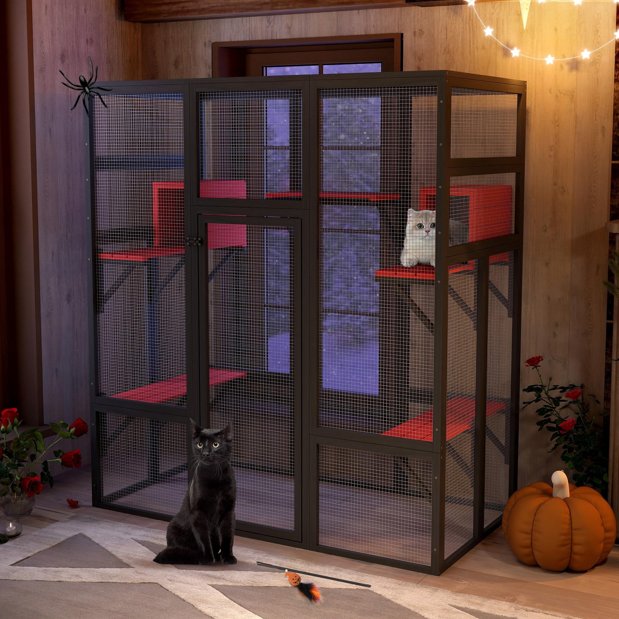 Large Wooden Catio Outdoor Enclosure for Cats with 7 Platforms 2 Resting Boxes, Spacious Indoor Cat Cage Waterproof UV Resistant Roof, Gothic Style, Black